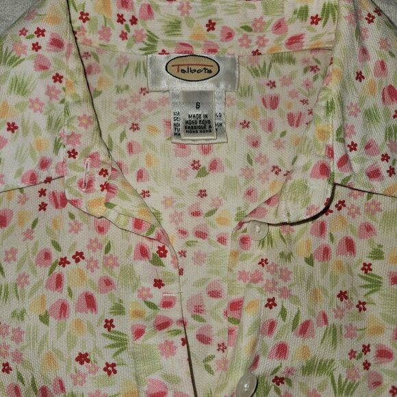 Talbots Women's Small Button Up Floral Spring Tulips 3/4 Sleeve Bow Cuff Fairy - Picture 2 of 6